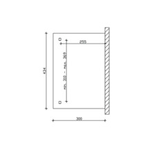 Technische tekening met maatvoering voor een product: hoogte 434, breedte 300, diepte 255, verticale afstand van de bevestigingen minimaal 310 tot maximaal 369.