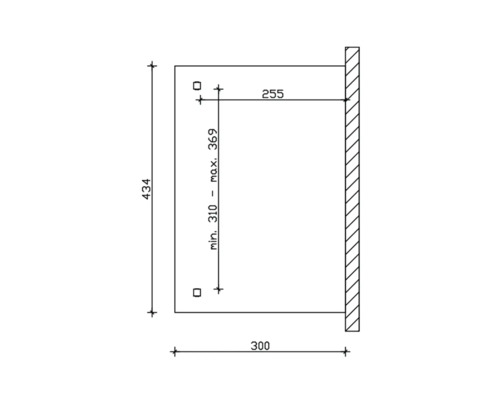 Technische tekening met maatvoering voor een product: hoogte 434, breedte 300, diepte 255, verticale afstand van de bevestigingen minimaal 310 tot maximaal 369.