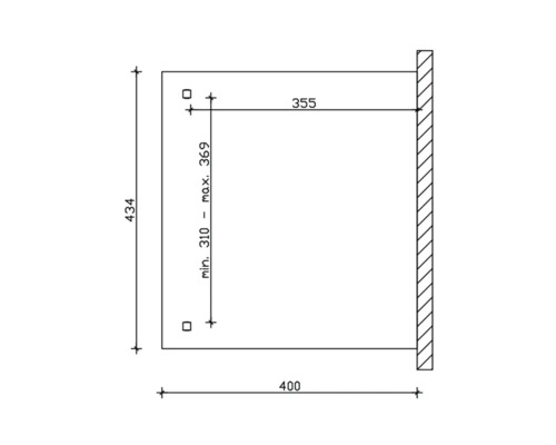 Technische tekening met afmetingen: 434 millimeter hoogte, 400 millimeter breedte, 355 millimeter diepte, minimale hoogte 310 millimeter, maximale hoogte 369 millimeter