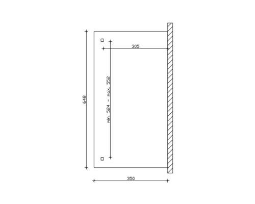 Technische tekening met maatvoering van een product met een hoogte van 648 mm en een breedte van 350 mm
