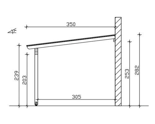 Technische tekening van een overkapping met afmetingen
