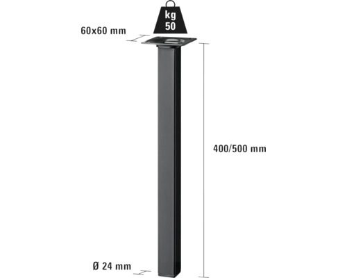 Tafelpoten met afmetingen van 60 x 60 millimeter en een draagvermogen van 50 kilogram.