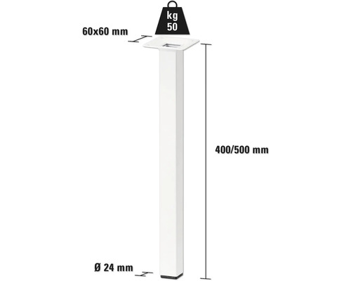 Technische tekening van een meubelpoot met de afmetingen 60x60 mm, diameter 24 mm en een hoogte van 400 tot 500 mm, draagvermogen 50 kg.