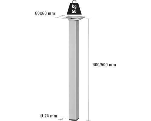 Metalen meubelpoot, 400 of 500 millimeter hoog, met een draagvermogen van 50 kilogram