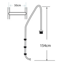 Illustratie van een zwembadladder met afmetingen van 154 centimeter hoog en 50 centimeter breed