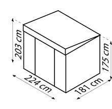 Schema van een tuinhuis met afmetingen