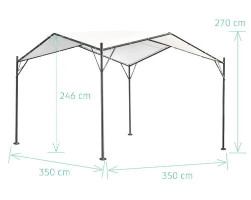 Paviljoen met afmetingen 270 cm hoogte, 350 cm lengte en 246 cm doorgangshoogte