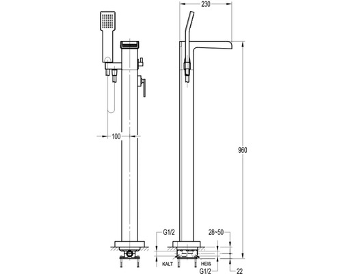 Technische tekening van een badkraan met handdouche en afmetingen.