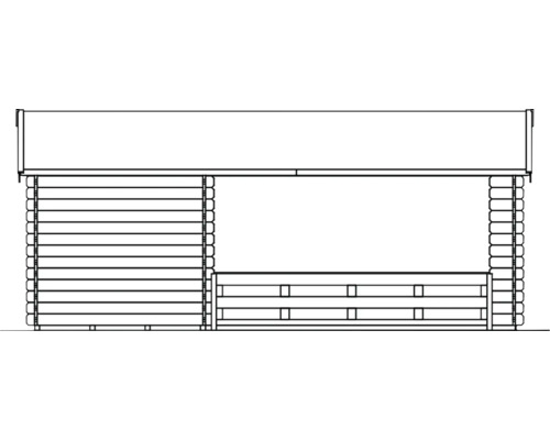Tekening van een tuinhuis met houten wanden en dak
