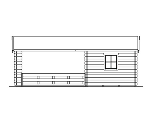 Tekening van een tuinhuis met veranda en raam
