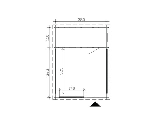 Technische tekening van een tuinhuis met afmetingen