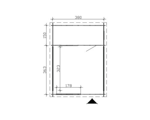 Plattegrondtekening van een tuinhuis met maatvoering