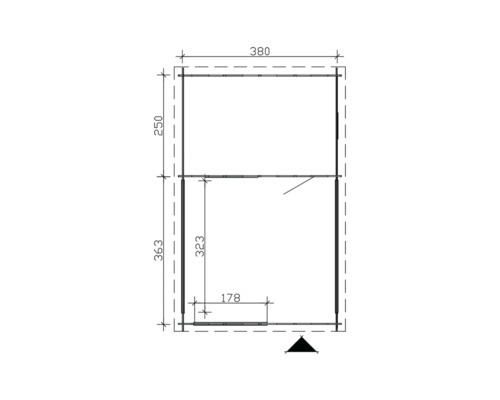 Plattegrondtekening van een tuinhuis met afmetingen
