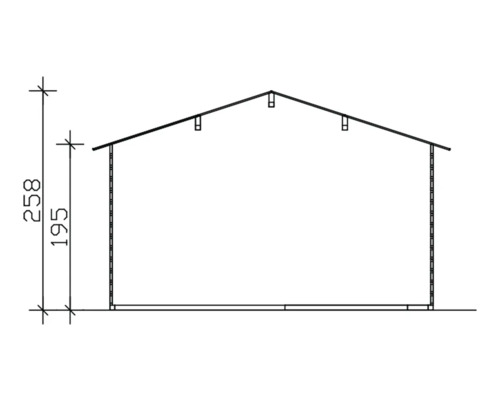 Tekening van een tuinhuis met hoogteaanduidingen