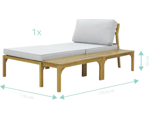 Tuinligbed met voetenbank van hout en bekleding, afmetingen worden weergegeven