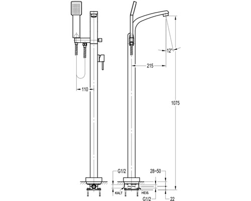 Technische tekening van een vrijstaande badkraan met handdouche en maataanduidingen.