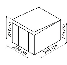 Afmetingen van een tuinhuis: 203 cm hoogte, 224 cm breedte, 267 cm diepte, 175 cm zijhoogte