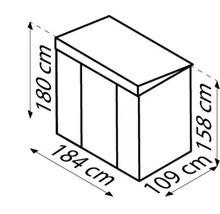 Illustratie van een tuinhuis met afmetingen: hoogte 180 cm, breedte 184 cm, zijhoogte 158 cm, diepte 109 cm.