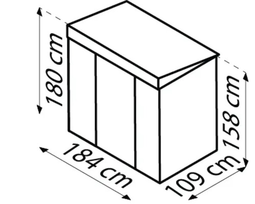 Illustratie van een tuinhuis met afmetingen: hoogte 180 cm, breedte 184 cm, zijhoogte 158 cm, diepte 109 cm.