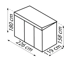 Schema van een tuinhuis met de afmetingen 180 cm hoogte, 226 cm breedte en 119 cm diepte.