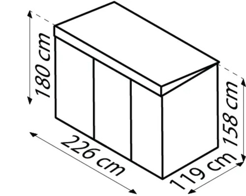 Schema van een tuinhuis met de afmetingen 180 cm hoogte, 226 cm breedte en 119 cm diepte.