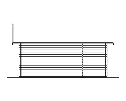 Tekening van een tuinhuis met blokhutprofiel