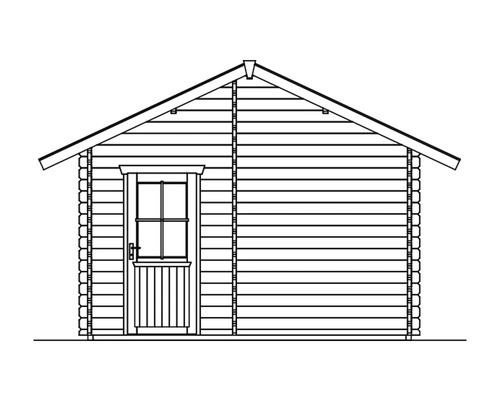Afbeelding van een tuinhuis met houten deur en zadeldak