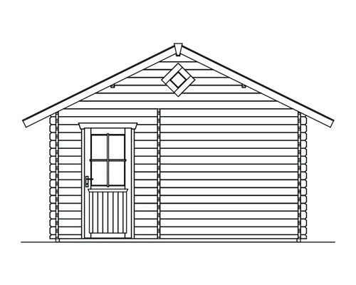 Tekening van een tuinhuis met deur