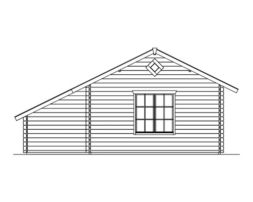 Tekening van een houten huis met raam en zadeldak