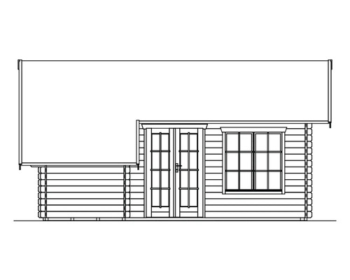 Illustratie van een tuinhuis met dubbele deur en raam.