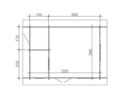 Technische tekening van een tuinhuis met afmetingen