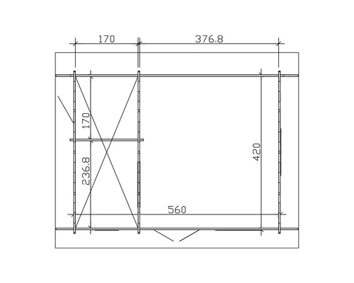 Technische tekening van een tuinhuis met afmetingen.