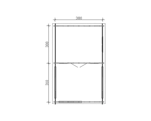 Technische tekening van een tuinhuis met afmetingen