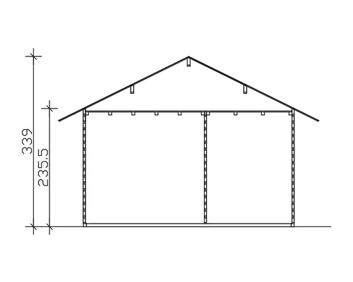 Tekening van een tuinhuis met afmetingen