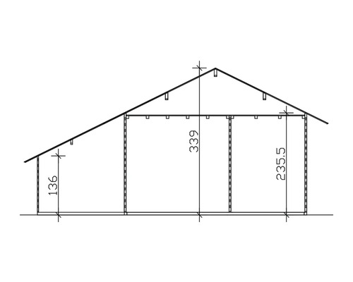 Technische tekening van een tuinhuis met hoogtegegevens
