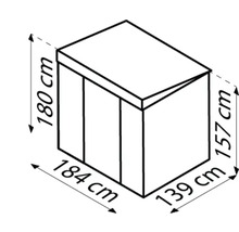 Maataanduiding van een tuinkast: 184 cm breed, 139 cm diep, 180 cm hoog en zijhoogte 157 cm.