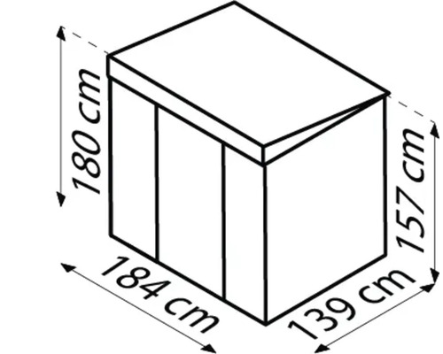 Maataanduiding van een tuinkast: 184 cm breed, 139 cm diep, 180 cm hoog en zijhoogte 157 cm.