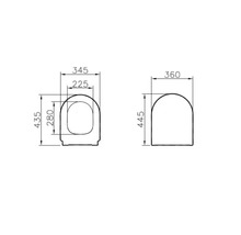 Technische tekening van een toiletdeksel met maataanduidingen