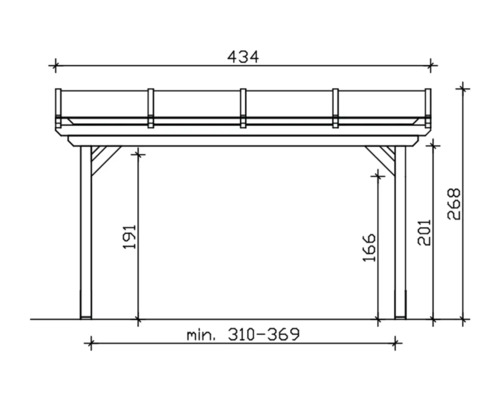 Technische tekening van een carport met afmetingen