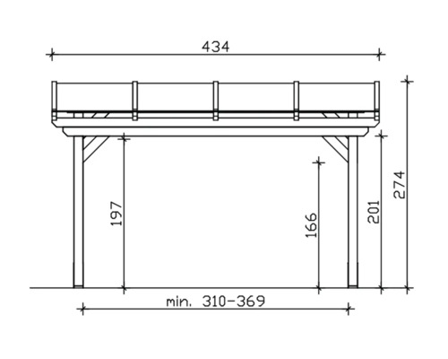 Technische tekening van een paviljoen met afmetingen