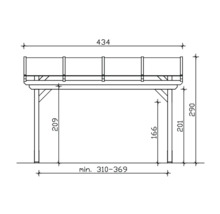 Technische tekening van een houten tuinpaviljoen met afmetingen