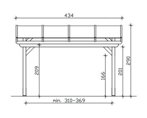 Technische tekening van een houten tuinpaviljoen met afmetingen