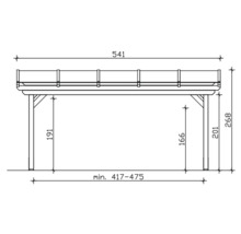 Technische tekening van een houten carport met maatvoering