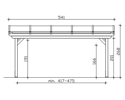 Technische tekening van een houten carport met maatvoering