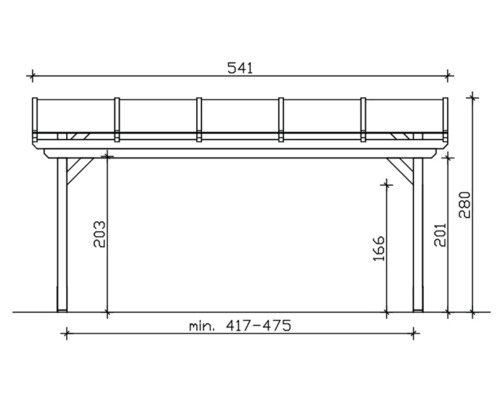 Technische tekening van een pergola met afmetingen