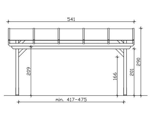 Technische tekening van een houten terras met afmetingen