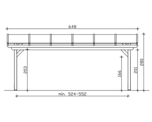 Technische tekening van een houten overkapping met maatvoering