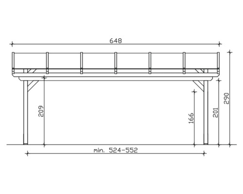 Technische tekening van een carport met maatvoering