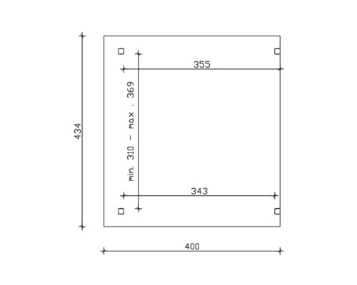 Technische tekening met afmetingen: 434, 400, 355, 343, minimaal 310 tot maximaal 369.