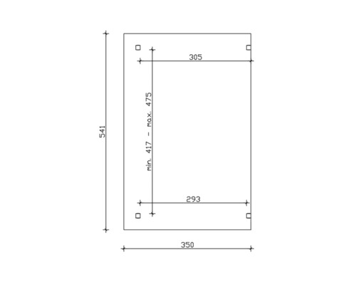Technische tekening met afmetingen: 541, 305, 293, 350, minimaal 417, maximaal 475